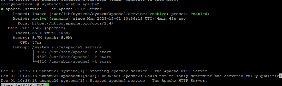 Проверка статуса Apache через systemctl