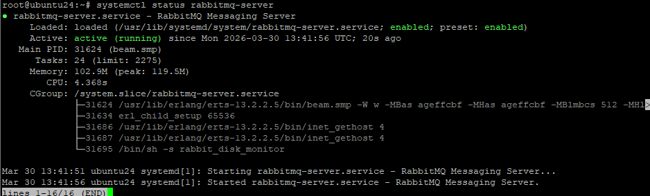 Статус rabbitmq-server в терминале